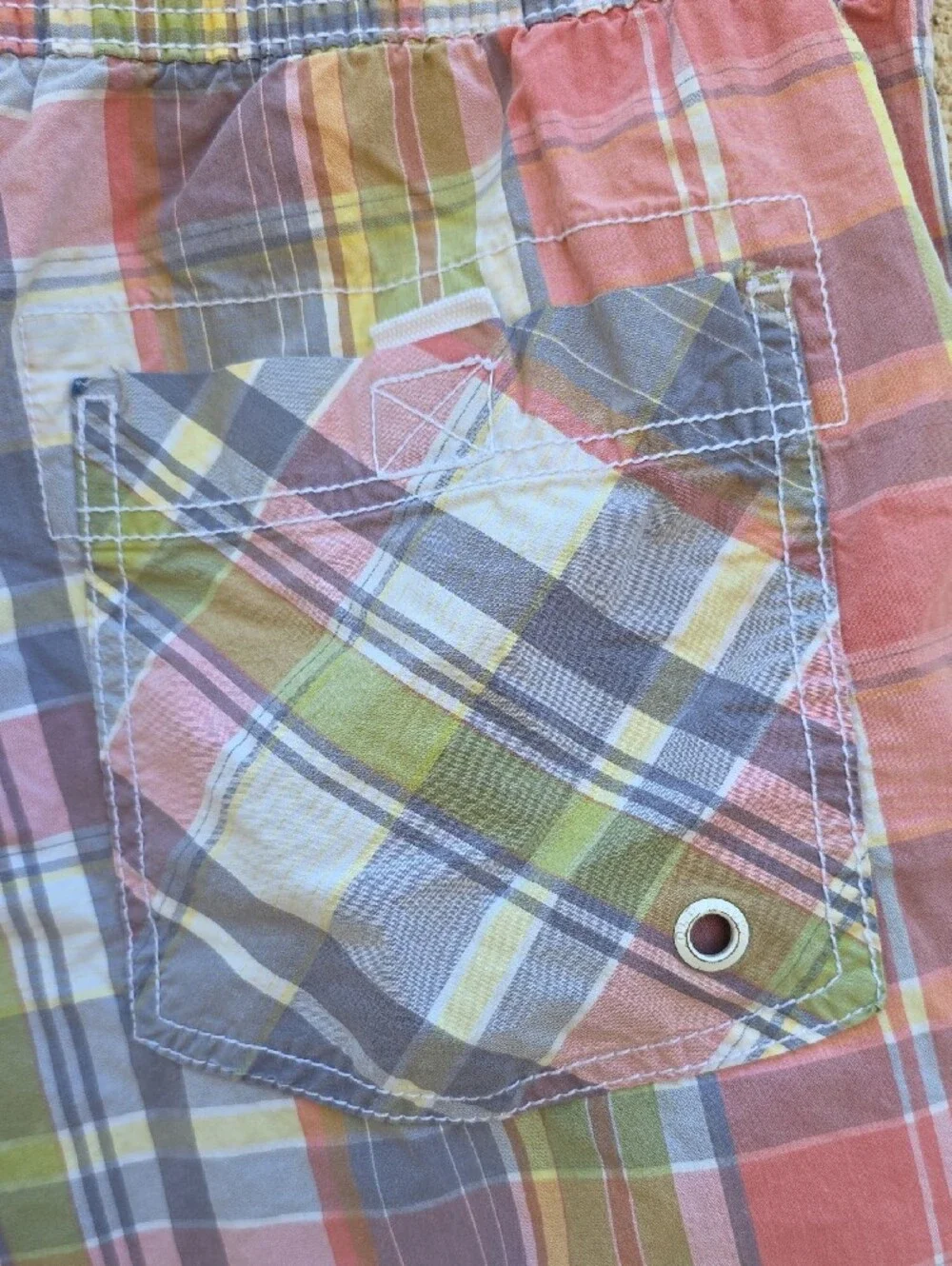 Plaid Drawstring Swim Trunks in Coral, Blue & Yellow